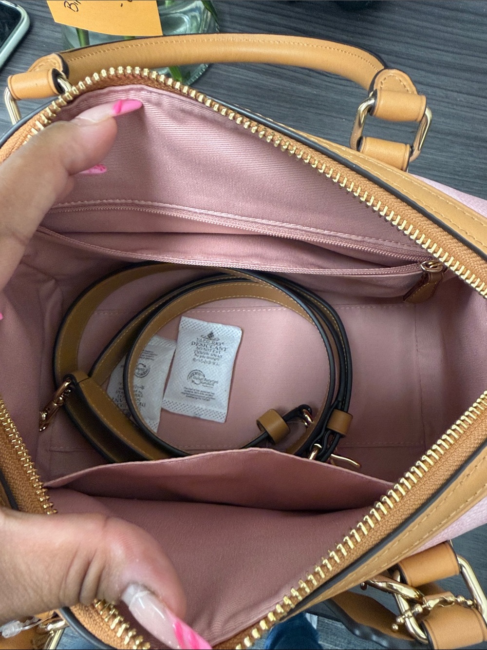 Coach Powder Pink Signature Canvas Rowan Satchel with Tan Leather Trim. Medium. - Picture 6 of 9